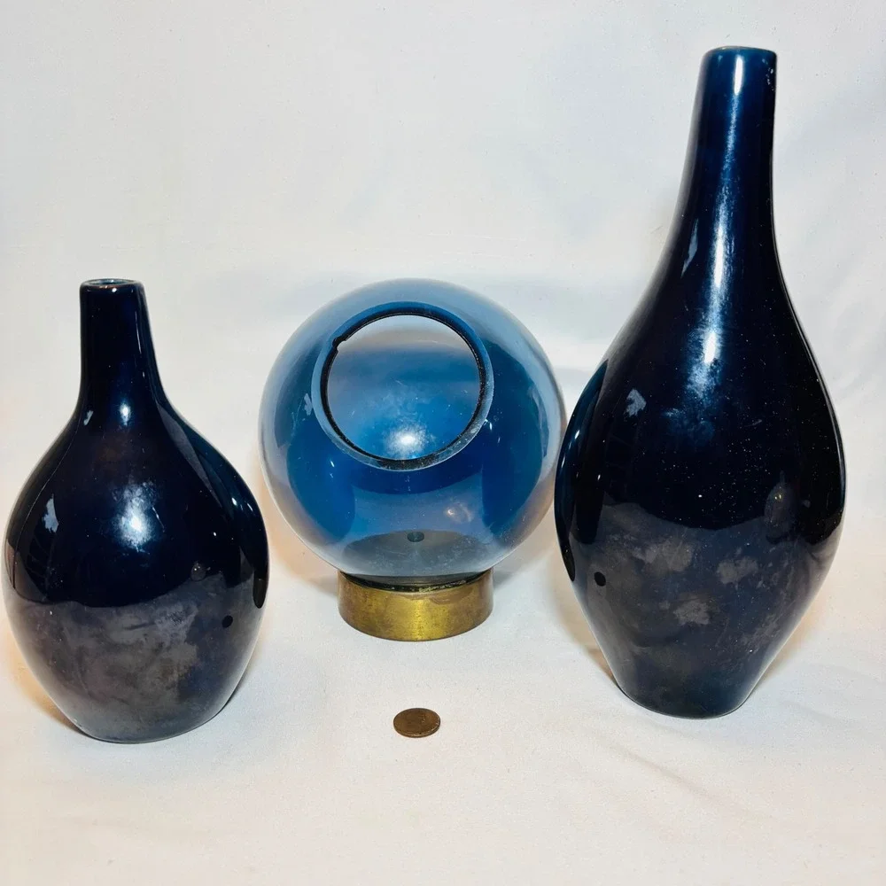 Cobalt Blue Sculptural Vase Set of 3 Orb Brass Base Modern Decor